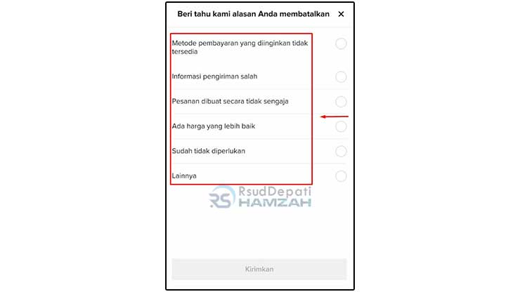 Pilih Alasan Membatalkan Pesanan