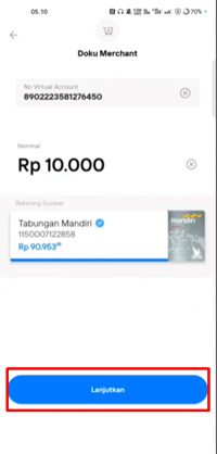 13. Klik Lanjutkan dan Masukkan Pin Transaksi