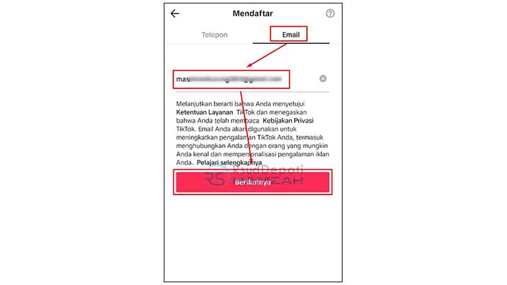 Masukkan Email Akun TikTok