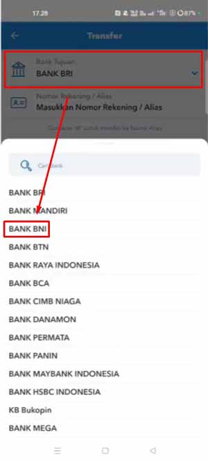 Pilih Bank Tujuan